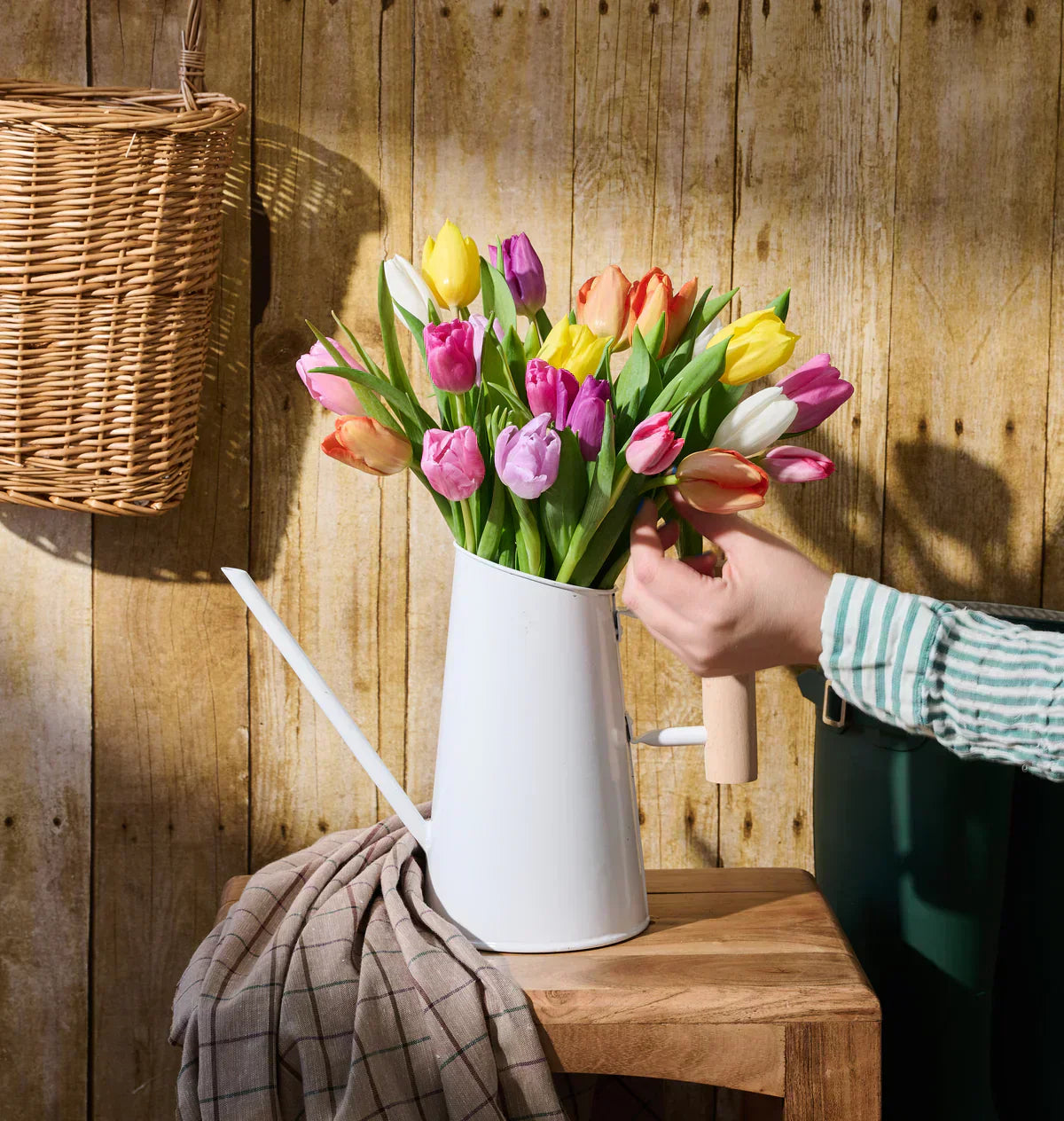 Fresh tulips held by a floral designer with a Flowers for Dreams water can for bouquet care.