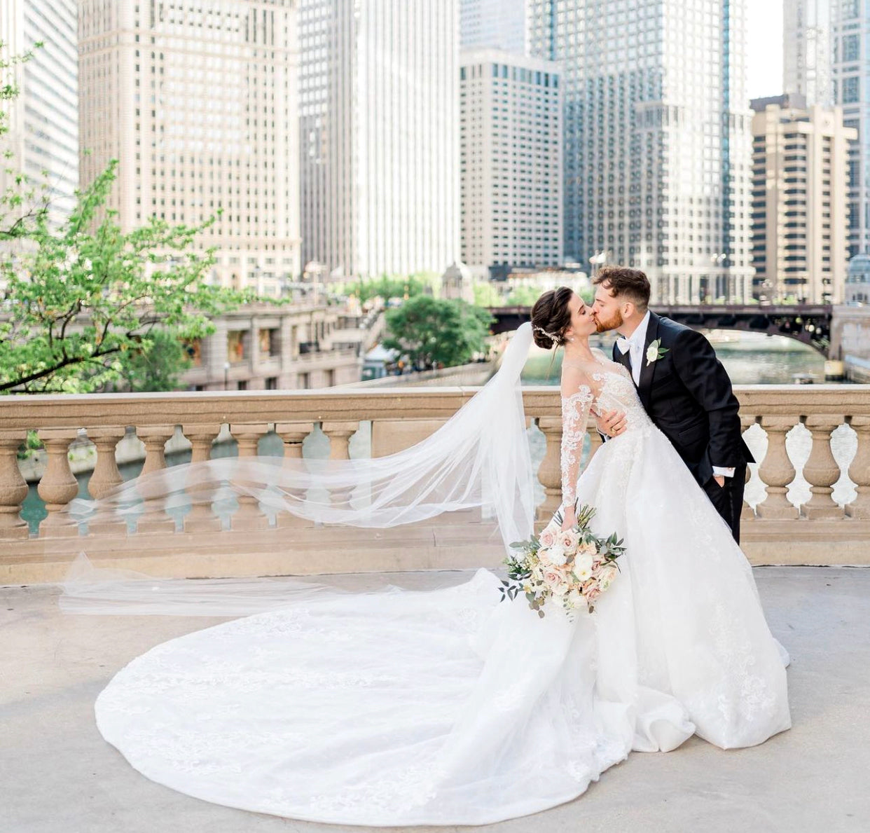 Chicago Wedding Flowers - bride & groom on river walk