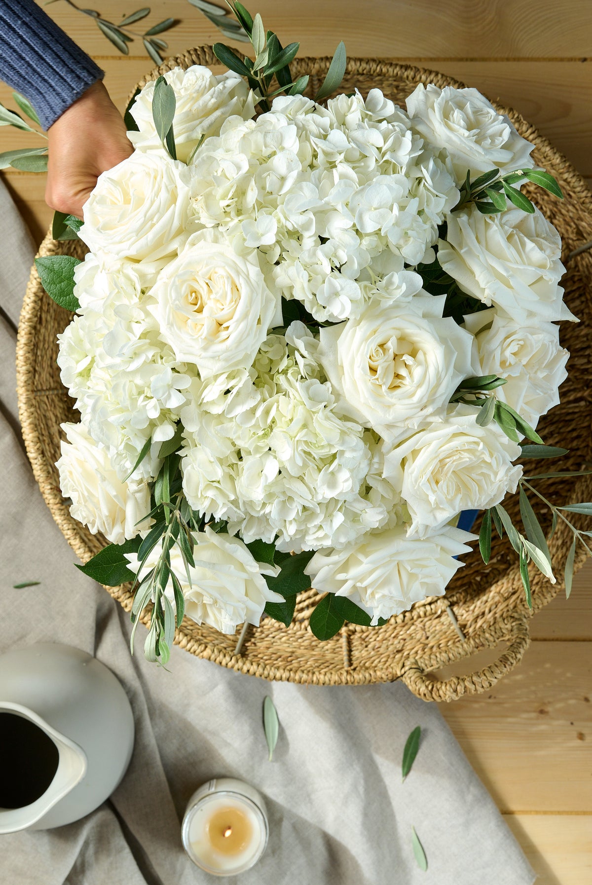 Faux Ivory Rose Floral Arrangement in Black Ceramic Vase