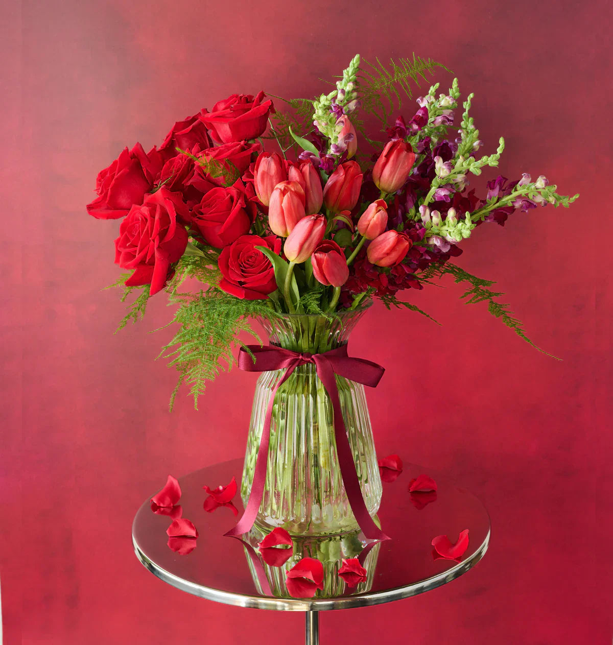 Romantic red roses and tulips arranged for Valentine’s Day gifting, handcrafted by Flowers for Dreams.