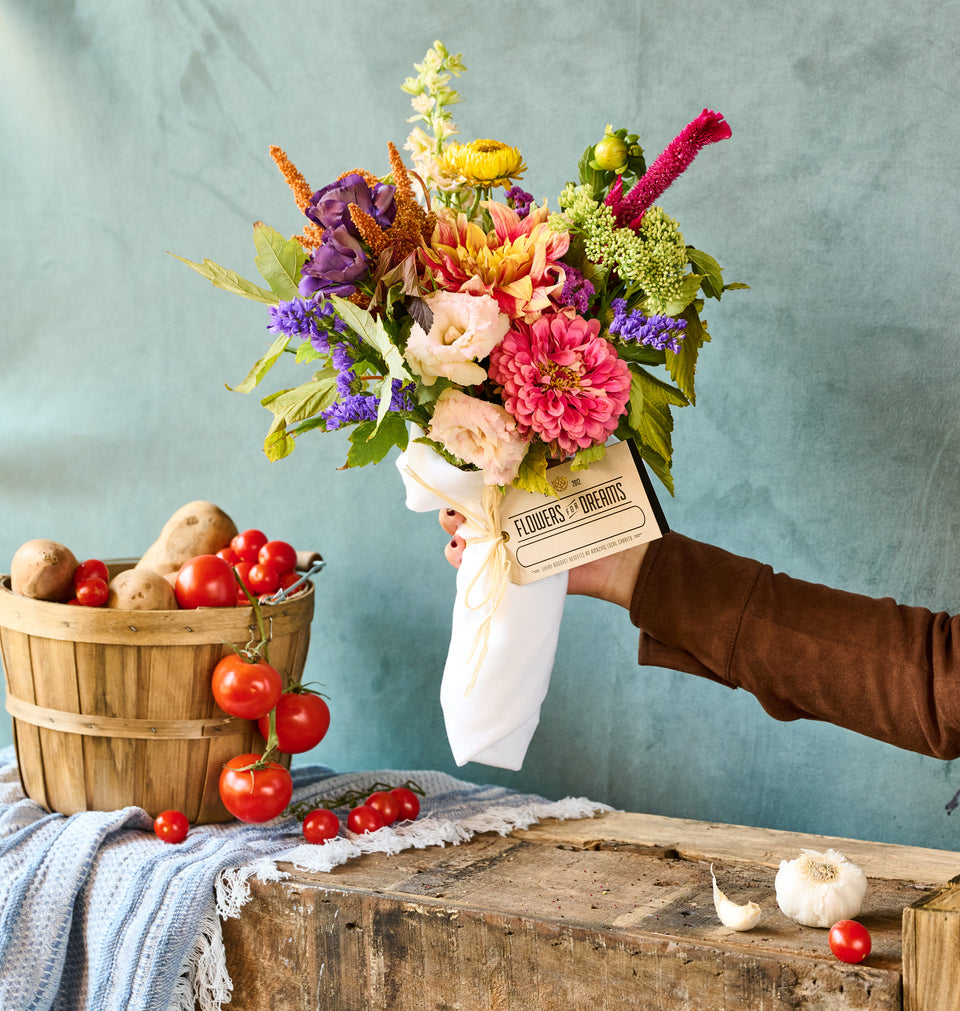 Our local flower shops create this beautiful Farm bouquet for our customers