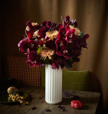 Russet: Rich mix of chrysanthemums and dahlias in deep fall hues.