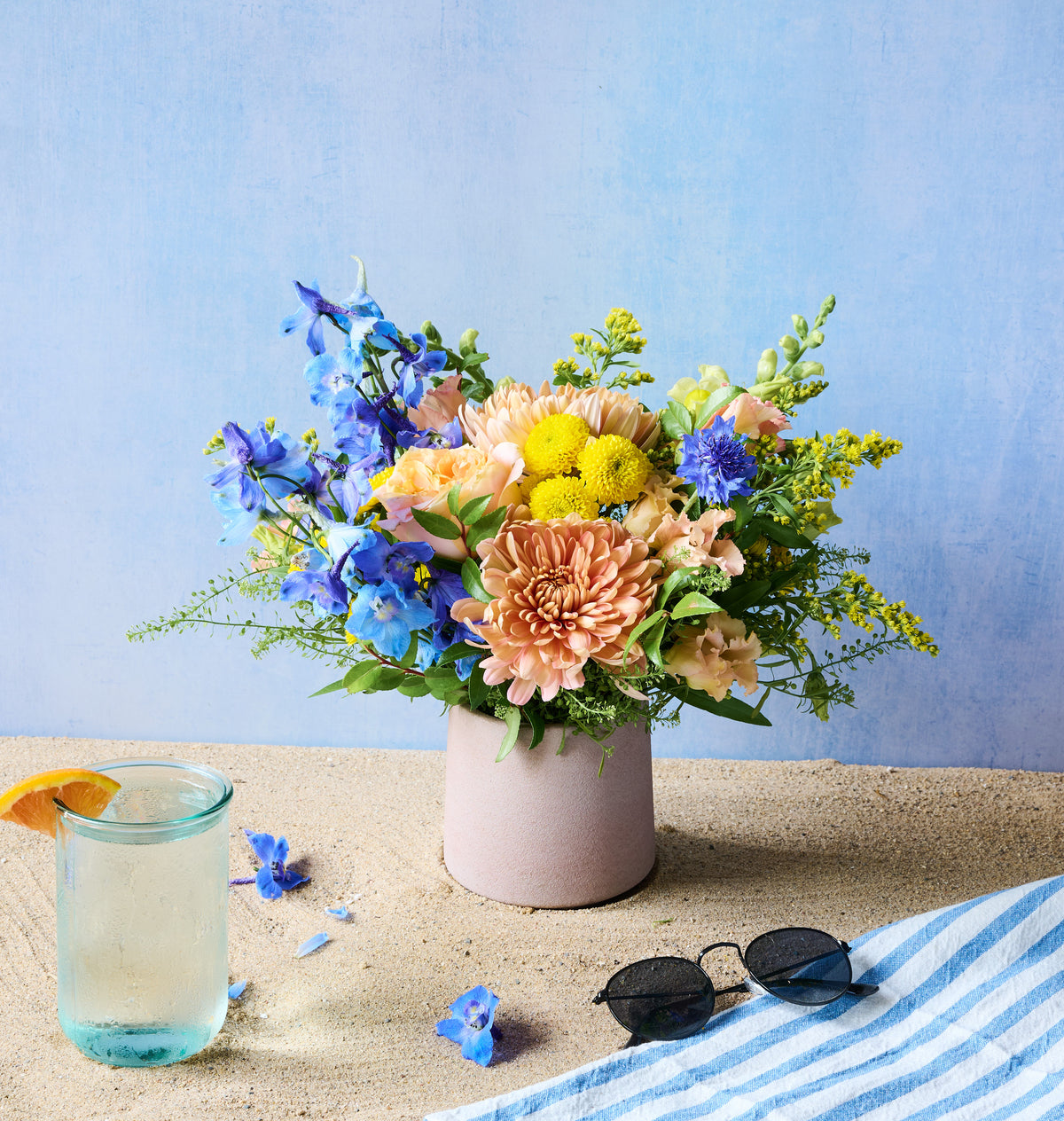 Lakeshore bouquet with fresh blue, white, and seasonal blooms inspired by the beauty of the Midwest shoreline
