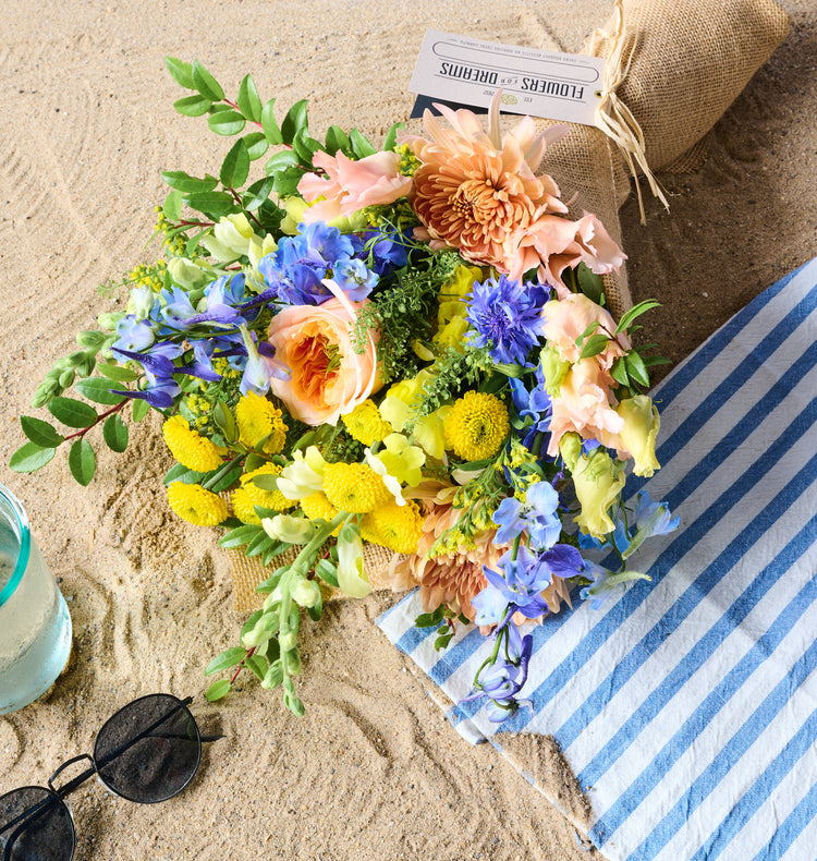 Medium Lakeshore bouquet close-up, soft blue and purple blooms
