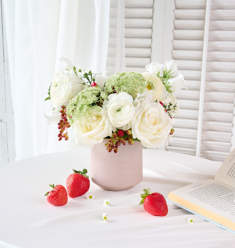 Cottagecore flower arrangement in a Pasadena vase, editorial styling