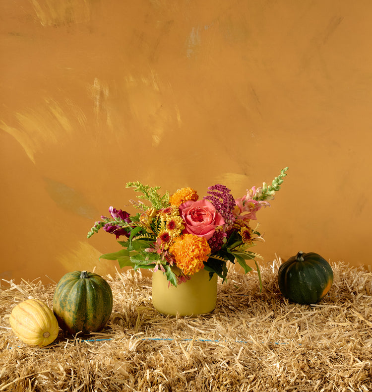Autumn floral arrangement of pink roses, orange marigolds, dahlias, and burgundy amaranth in a white ceramic bowl on hay bale with gourds, amber background