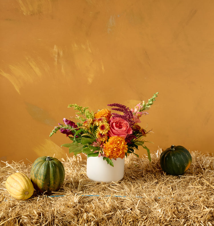 Autumn floral arrangement of pink roses, orange marigolds, dahlias, and amaranth in a white ceramic vase on hay bale with gourds, amber background