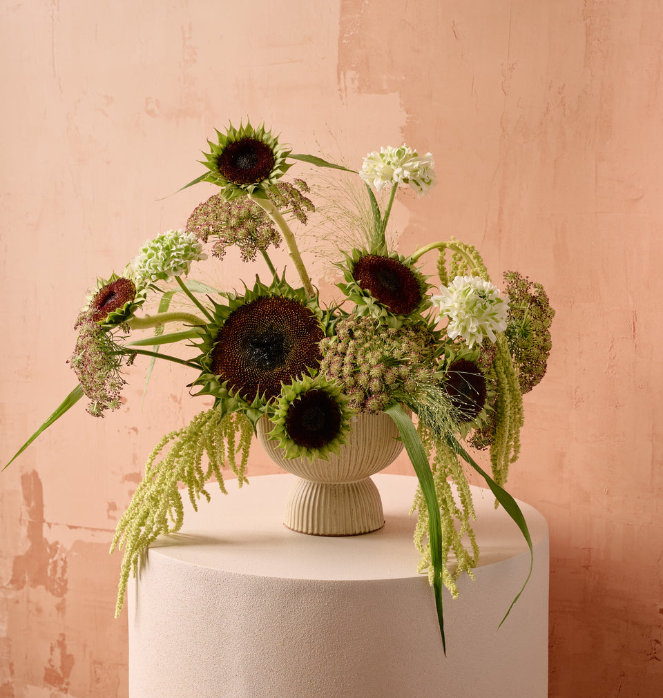 Muse floral arrangement of blush and coral garden roses, lisianthus, ranunculus, and eucalyptus in a white ribbed ceramic footed vase on soft neutral background