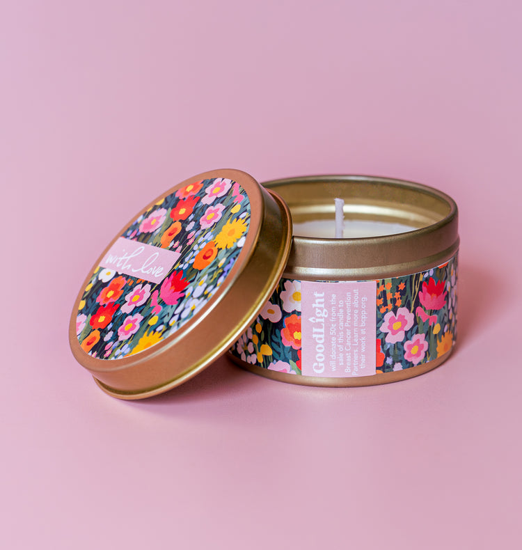Gift candle in a glass jar with floral label, premium Flowers for Dreams gift