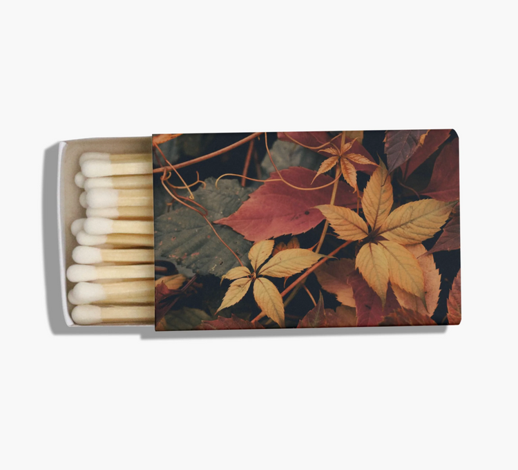 Open matchbox with white-tipped matches and botanical autumn leaf print cover