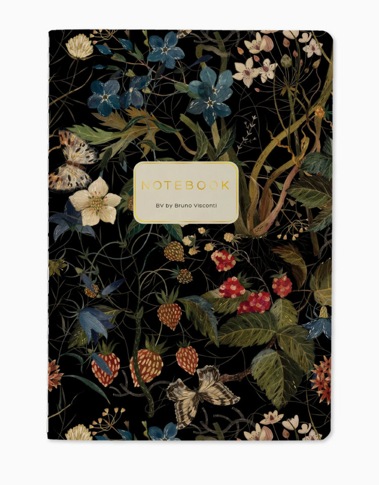 Bruno Visconti botanical hardcover notebook with dark floral cover featuring strawberries, butterflies, and wildflowers